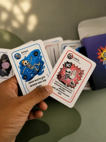 A hand holding the Bypass and Cancel cards