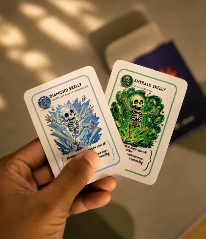 A hand holding the Diamond Skelly and Emerald Skelly cards